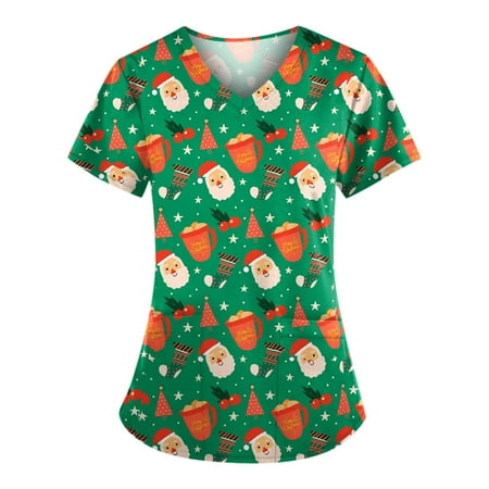 

OGLCCG Women s Scrub Tops Christmas Classic Fit V-Neck Short Sleeve Scrubs Medical Uniform Four-Way Stretch Anti-Wrinkle Nursing Shirt Workwear