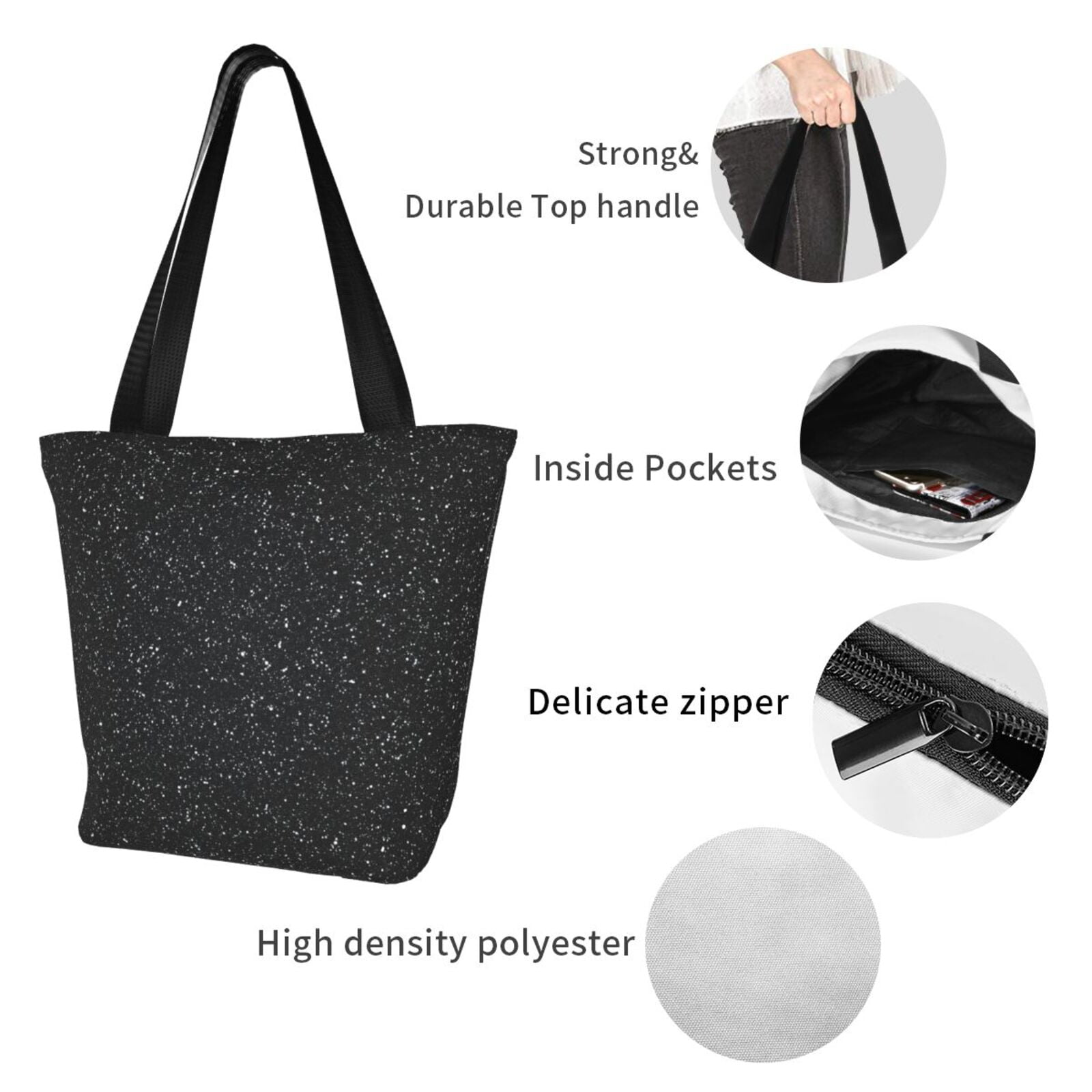 Ratiio Black Glitter Print Shoulder Bag for Women, Polyester Crossbody Purse Lightweight Handbag for Daily Travel and Casual Use