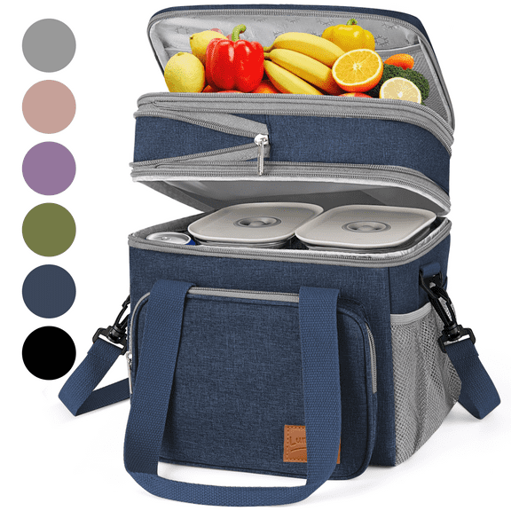 17L Insulated Lunch Bag for Men/Women, Large Reusable Double Deck Lunch Box, Leakproof Cooler Bag for Work, Picnic & Beach, with Adjustable Shoulder Strap & Side Mesh Pocket(Blue)