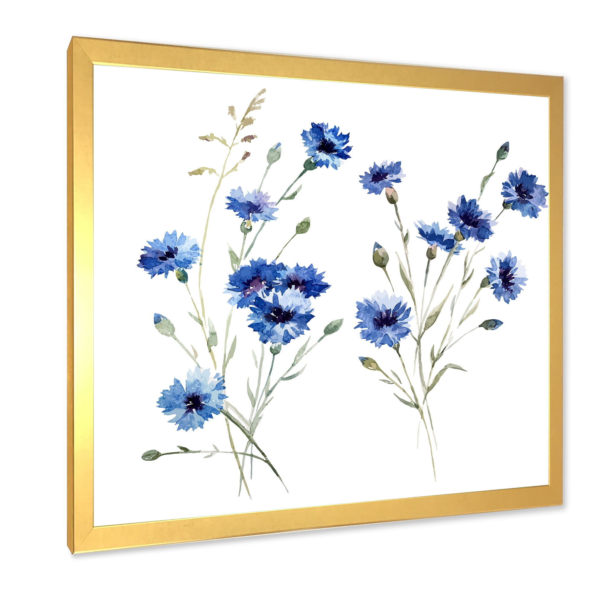 Designart 'Blue Cornflowers With Green Leaves On White III' Traditional Framed Art Print