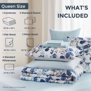 Regency Heights 9-Piece Queen Size Seersucker Comforter Set with Sheets, Texture Botanical Print Bed in a Bag, Blue Bedding Comforter Set with Sheet Set with Side Pocket