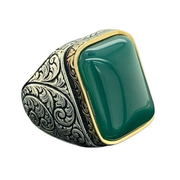 Mens Handmade Emerald Stone Ring Green Stone Ring Ottoman Style Men Ring Gift for Him 925k Sterling Silver Ring || Ali Baba Jewellery