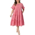 thumbnail image 3 of Agnes Orinda Women's Plus Size Easter Gingham Dresses Crew Neck Flared Short Sleeve Tiered Summer Casual Maxi A Line Dress with Pockets 2X Red, 3 of 7