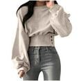 thumbnail image 2 of Women Puff Long Sleeve Crop Sweatshirt Solid Color Button Side Crewneck Casual Pullover Tops Trendy Y2K Clothes, 2 of 4