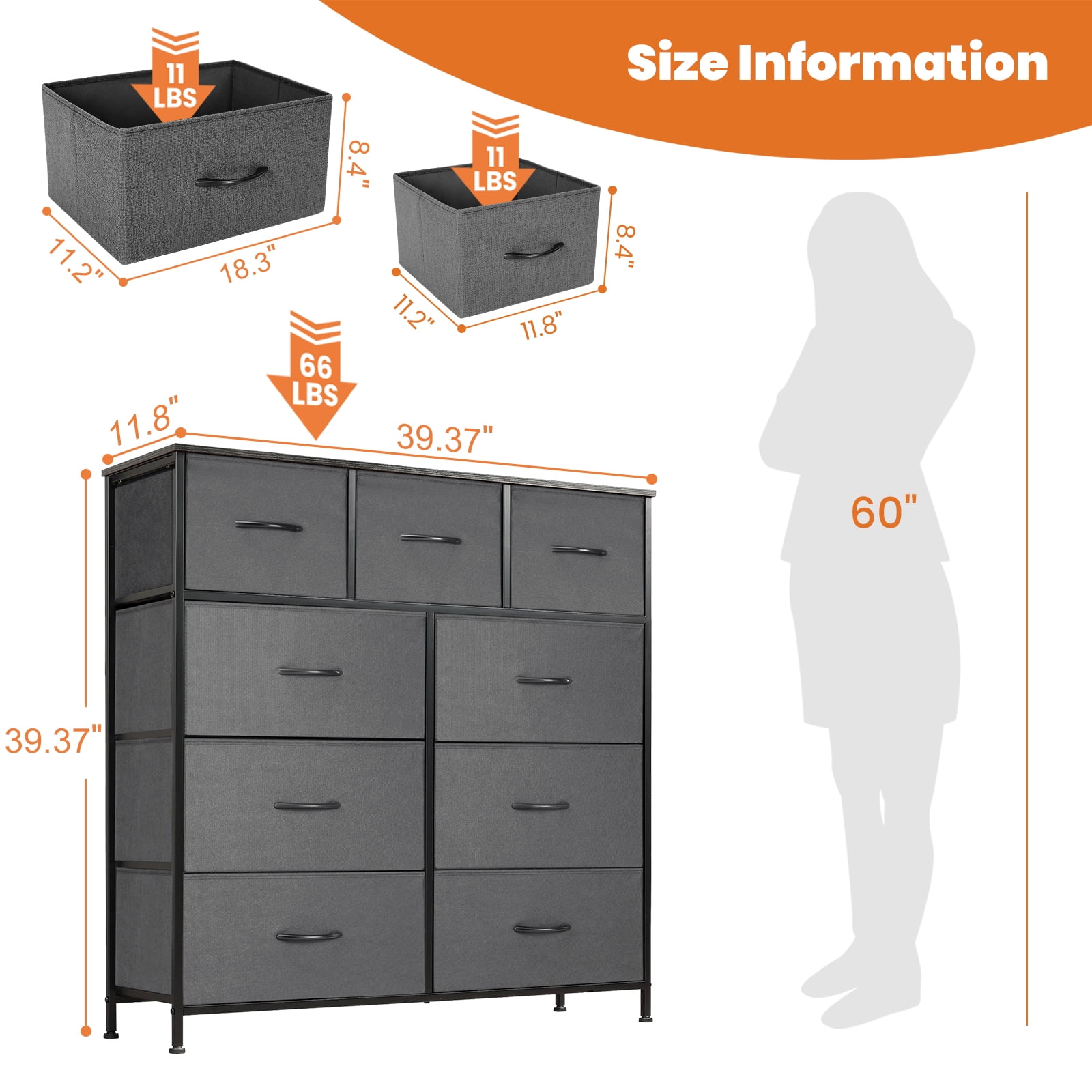 Gianna 9 Drawers Dresser, Fabric Drawer Cabinet for Home Office, Grey