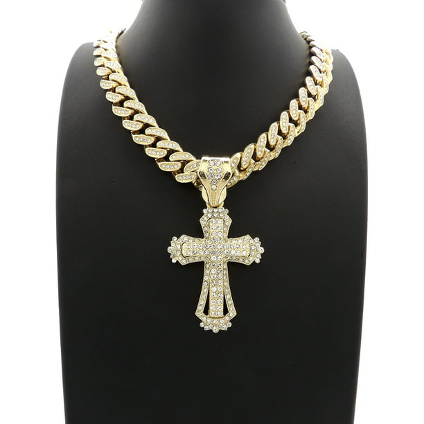 Hip Hop Fashion Iced Out 14K gold tone Catholic Cross Pendant w/ 18