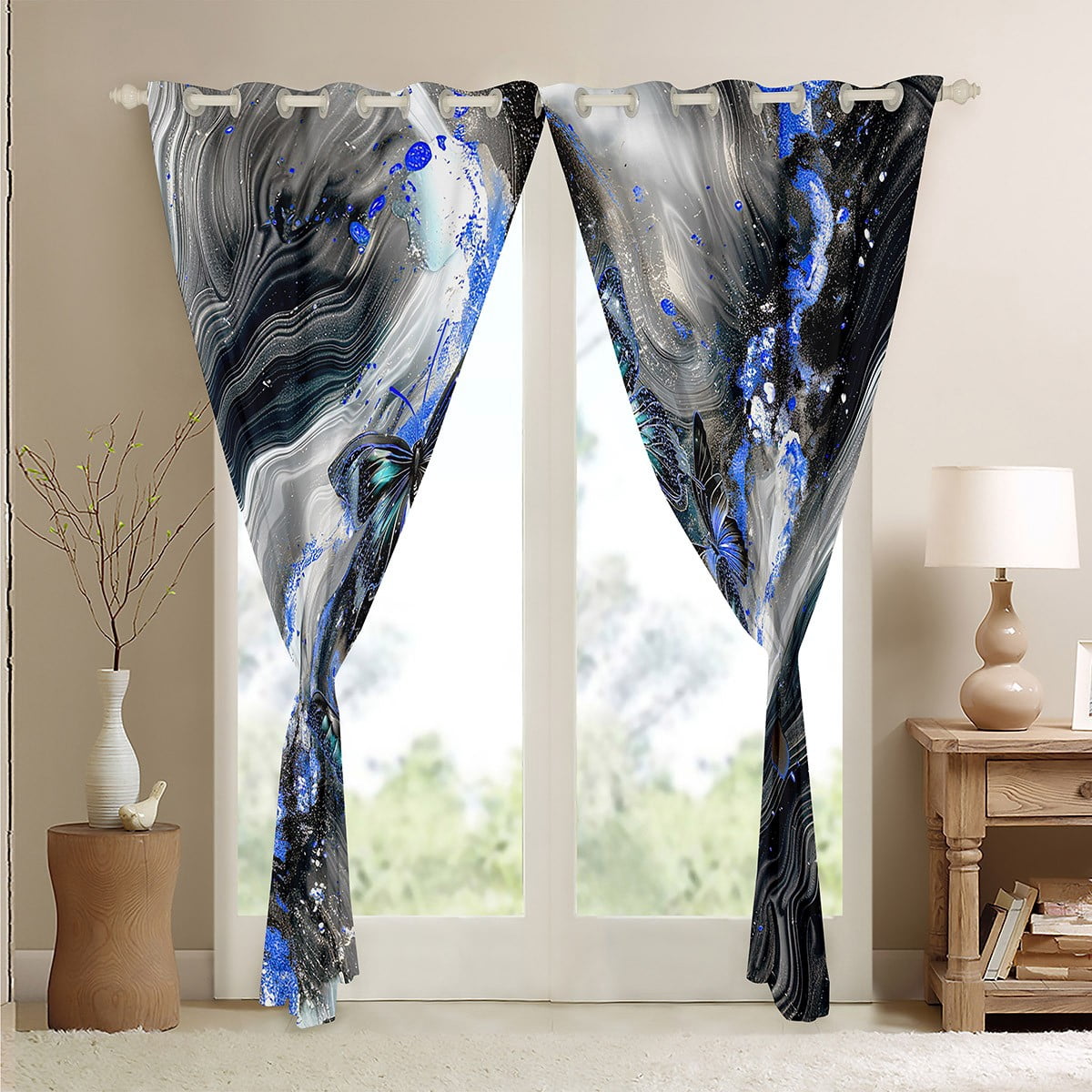 Black Marble 30%-50% Blackout Curtains Teal Butterfly Curtains,Blue Marbling Curtains & Drapes 2 Panels 38"Wx45"L