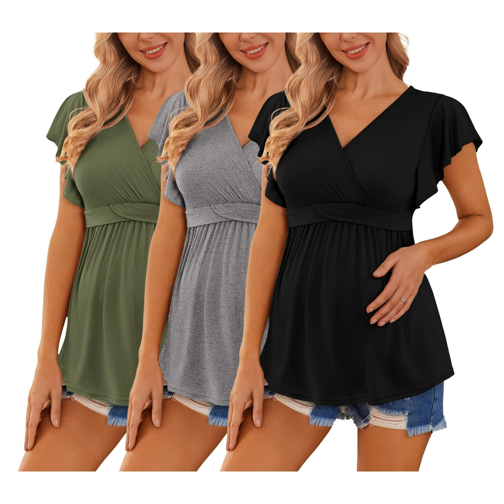 Ekouaer Maternity Shirts 3 Packs Flying Short Sleeve Nursing Tops Pregnancy Clothes Army Green + Grey + Black