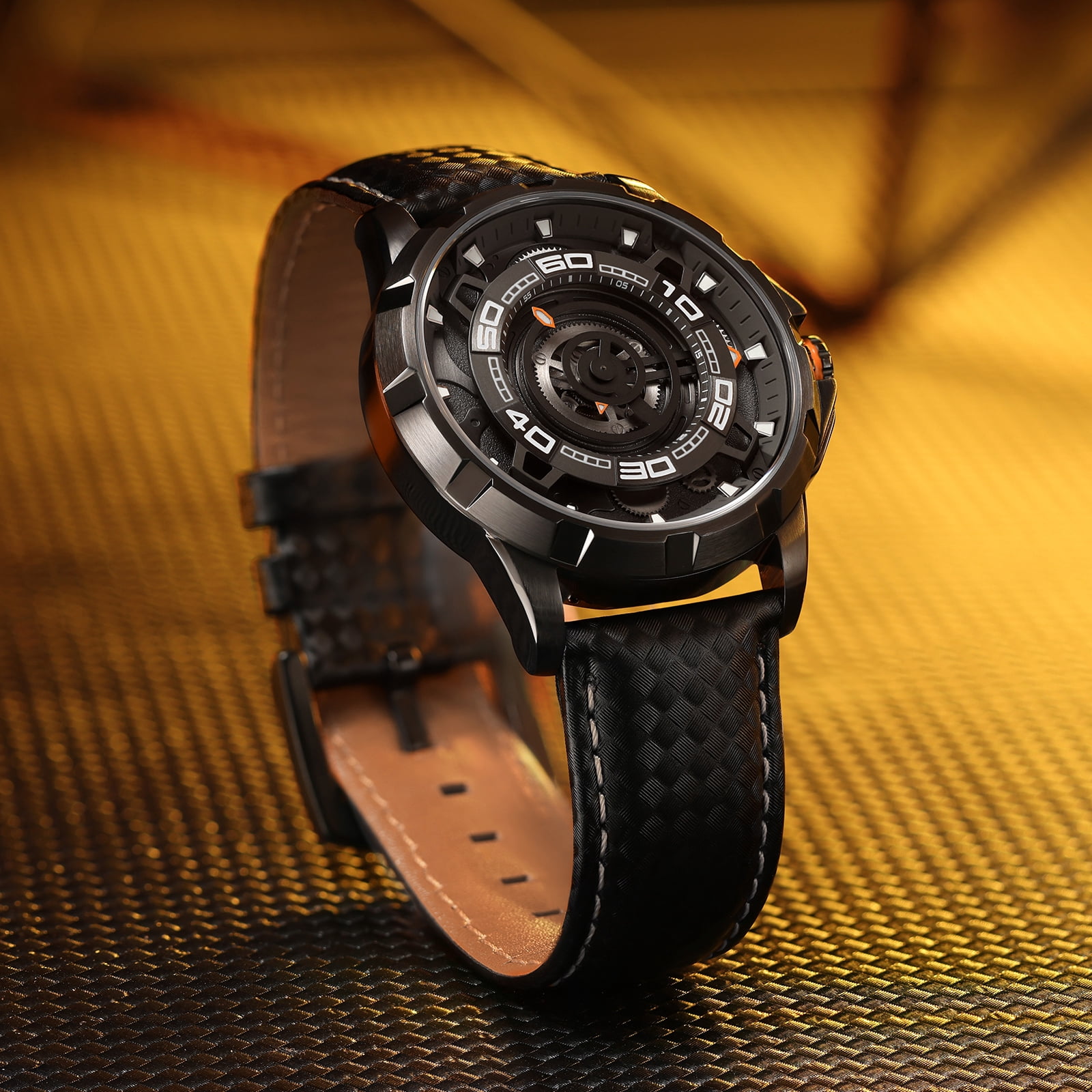 BERNY Mens Skeleton Automatic Watch, Luxury Fashion Self Winding Mechanical Watch with Leather Strap, Exhibition Caseback, Sapphire Crystal, Luminous 50M Waterproof Watches for Mens Gifts (Balck)