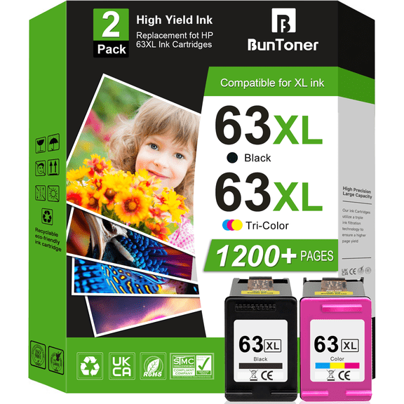 63XL Ink Cartridges Compatible for HP 63 Ink Cartridges for HP Ink 63 for OfficeJet 3830 4650 5255 5200 Envy 4520 4512 Printer (2 Pack)