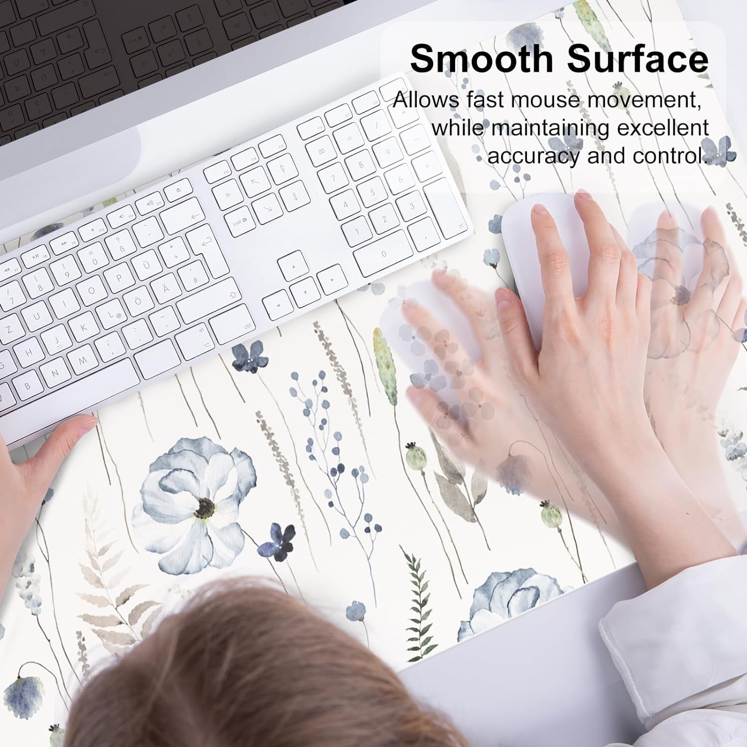 Large Mouse Pad for Desk, Cute Desk Mat for Desktop, Women Girls Office Décor Desk Accessories, PU Leather Waterproof Gaming Mousepad, Watercolor Blue Flowers Desk Pad Computer Mat, 31.5" x 15.7"