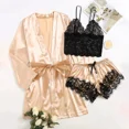 thumbnail image 1 of Woman Sleepwear 3pcs Solid Lace Trim Satin Pajamas Set With Robe Sexy Faux Silk Pijamas Robe Sets Casual Home Clothes Nightwear, 1 of 4