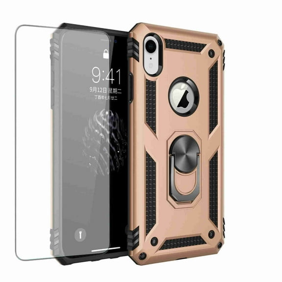 Dteck Case Full Protect Magnetic Hybrid Ring Back Holder Kickstand Case Cover For iPhone X (5.8 inch), Gold with screen protector