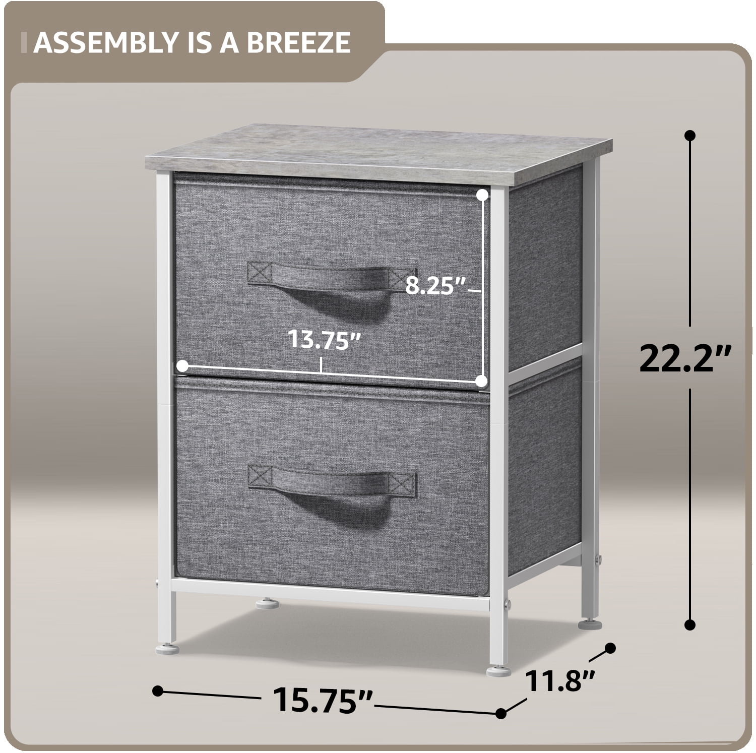 Sorbus Nightstand with 2 Drawers, Steel Frame, Wood Top, Fabric Bins, Gray