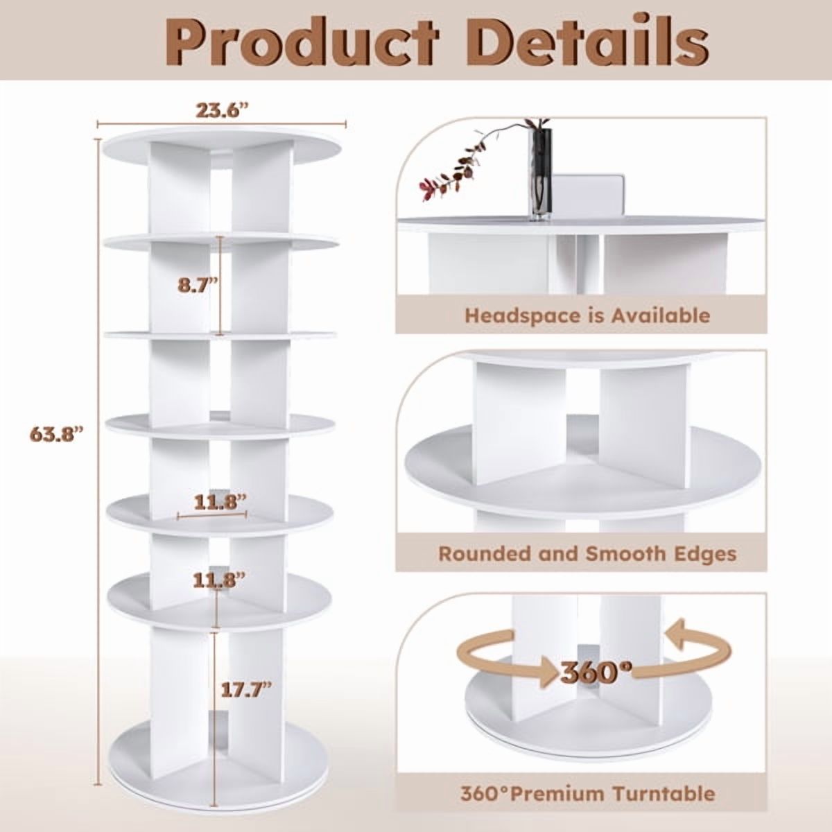 6-Tier Rotating Shoe Rack Tower - 23.7" Lazy Susan Spinning Design, 63.4"H, Sturdy Solid Board, Space-Saving for Shoes, Bags, Boots, Fits Closet/Home Decor