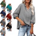 thumbnail image 3 of Mujeres con capucha Top encaje empalme cuello en V hombro caído cordón suéter suelto sudaderas para dama, 3 of 5
