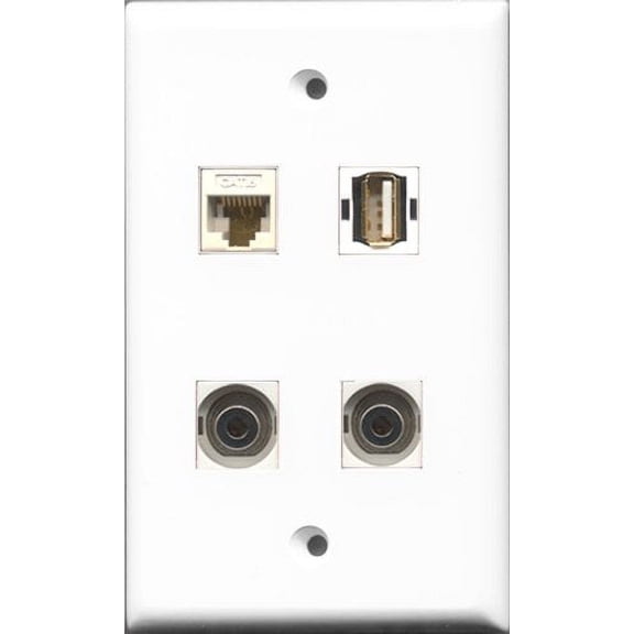 RiteAV 1 Port USB A-A 2 Port 3.5mm and 1 Port Cat6 Ethernet White Wall Plate