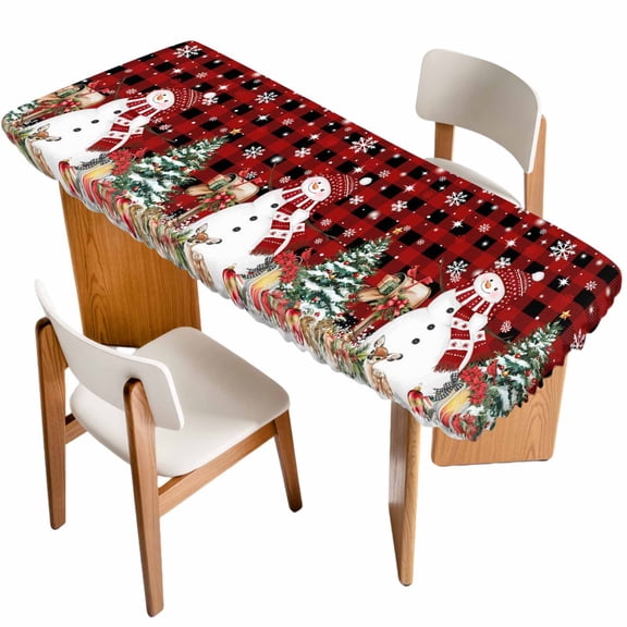 Red Plaid Christmas Table Cloths for 8 Foot Rectangle Tables, Snowman Gifts Xmas Tree Snowflake Winter Patio Waterproof Elastic Fitted Tablecloths, Washable Rectangular Table Cover for Camping