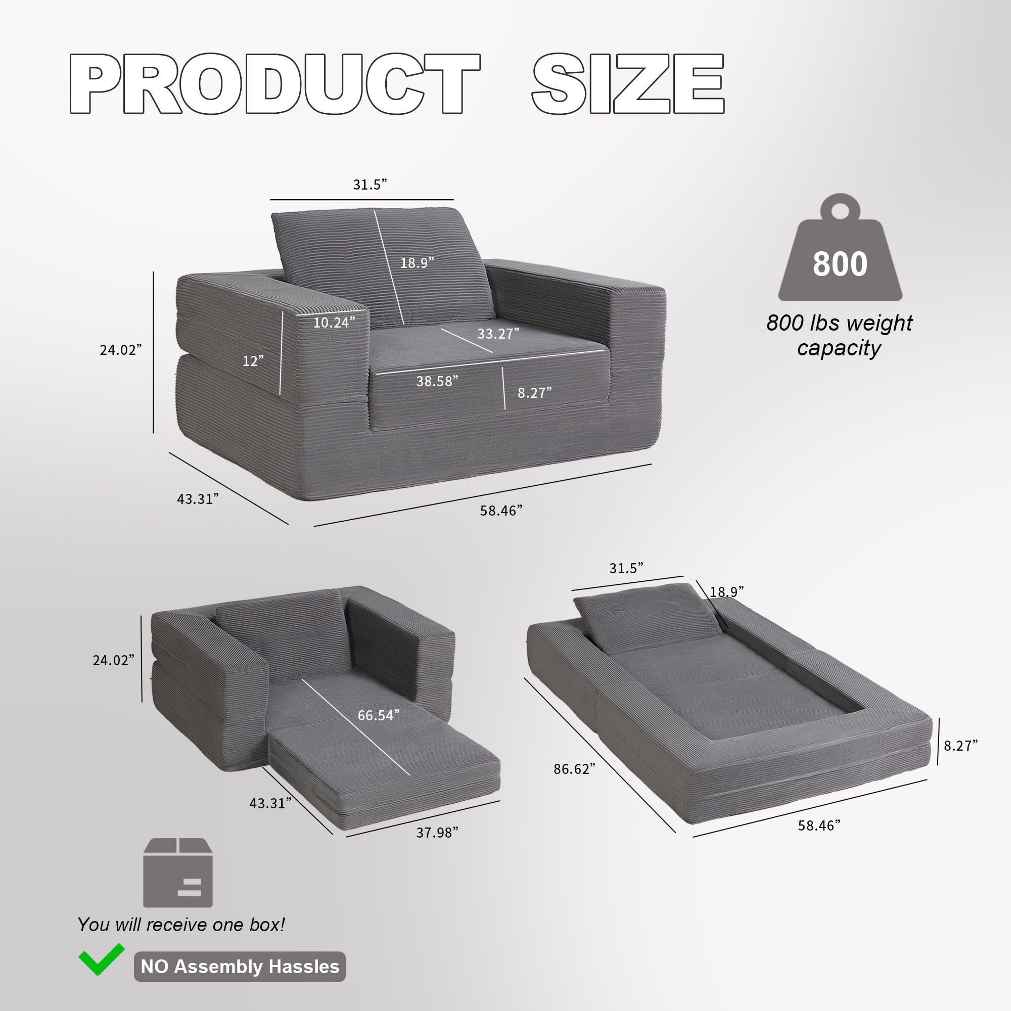 Leumius Single Sofa Bed with Pillow,Boneless Folding Sofa Bed for Living Room Bedroom,No Assembly Required,Dark Gray