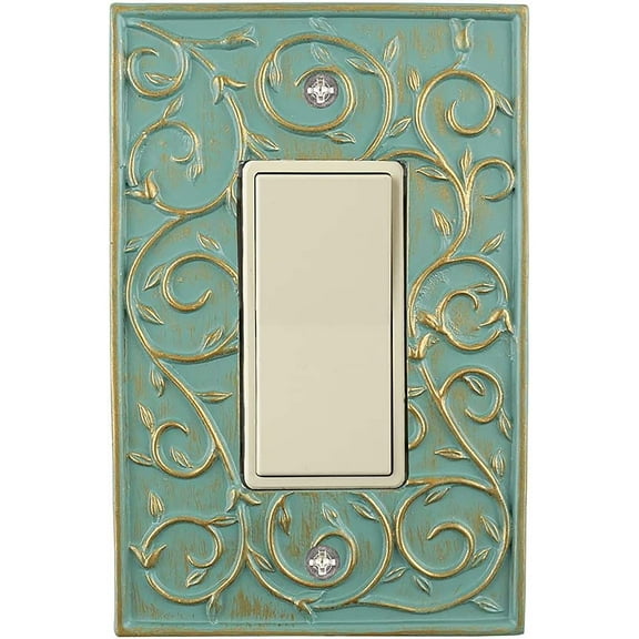 Meriville French Scroll 1 Rocker Wallplate, Single Switch Electrical Cover Plate, Buckingham Green with Gold