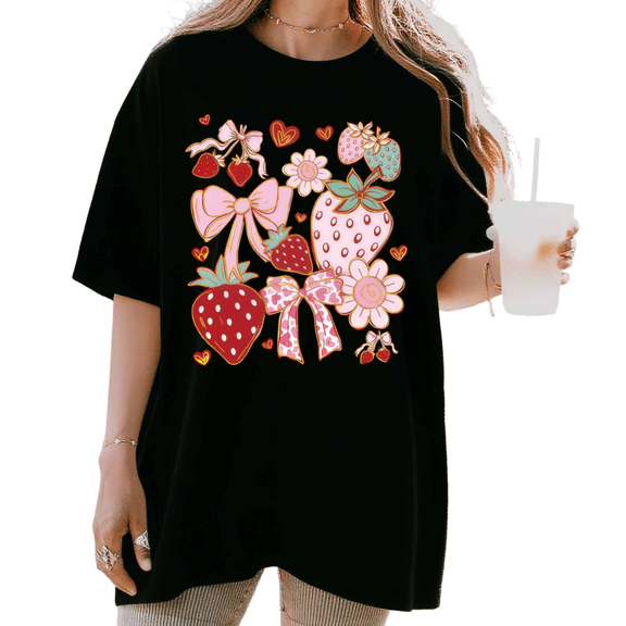 Women's funny Aesthetic Strawberry Bow Daisy Heart Graphic Casual T Shirt Comfortable Short Sleeve Round Neck Top Black S-5XL