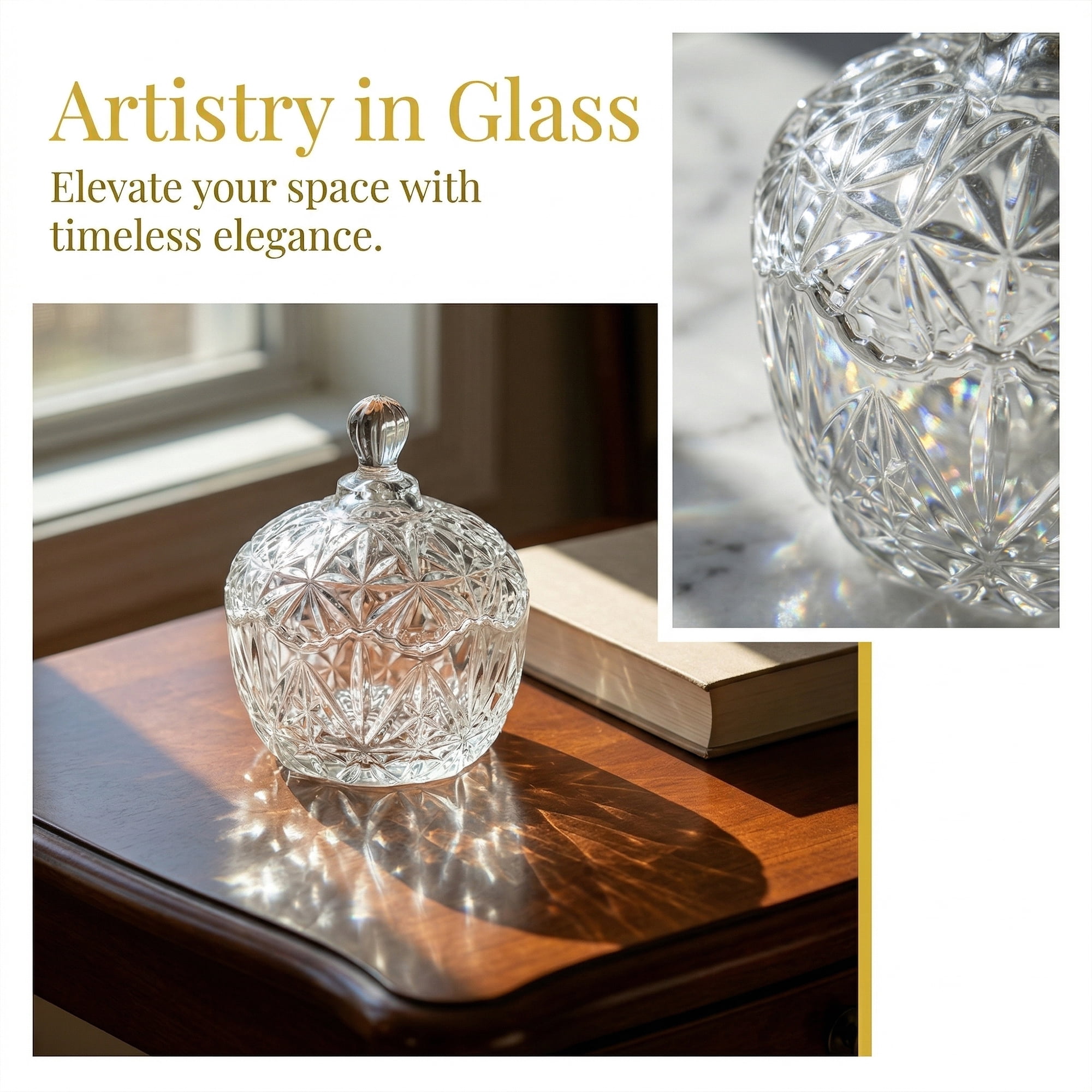 Unique Bargains Crystal Glass Candy Dish With Lid Clear 4.1" x 4.1" x 5.5"