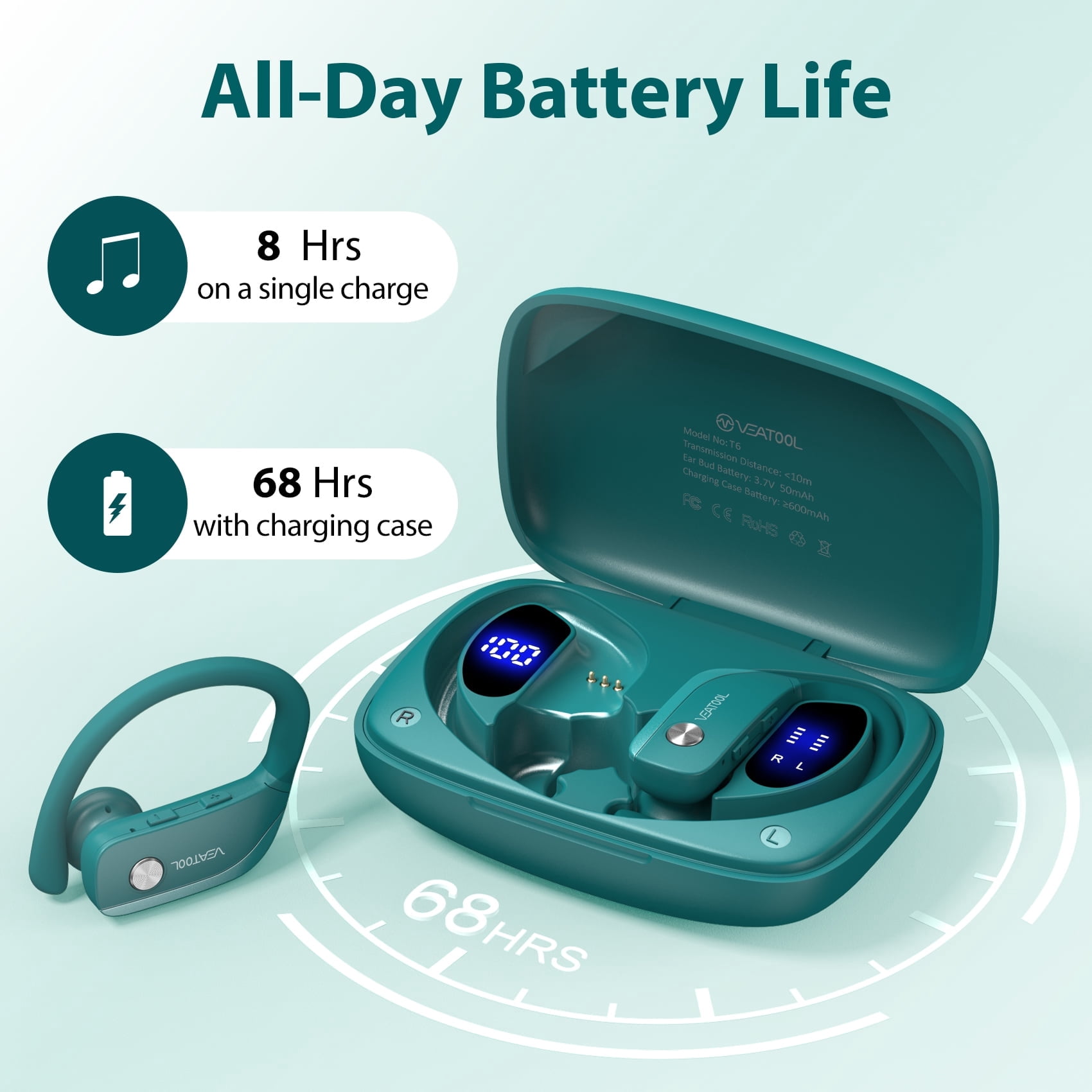 VEATOOL Wireless Earbuds Bluetooth 6.0 Sport 220Hrs Earhook 8 ENC Mic IP68 Waterproof Workout Running
