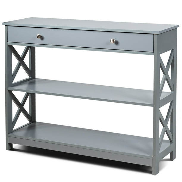 Costway 3Tier Console Table XDesign Sofa Entryway Table with Drawer & Shelves Gray Walmart