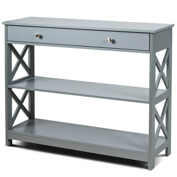 Costway 3-Tier Console Table X-Design Sofa Entryway Table with Drawer & Shelves Gray