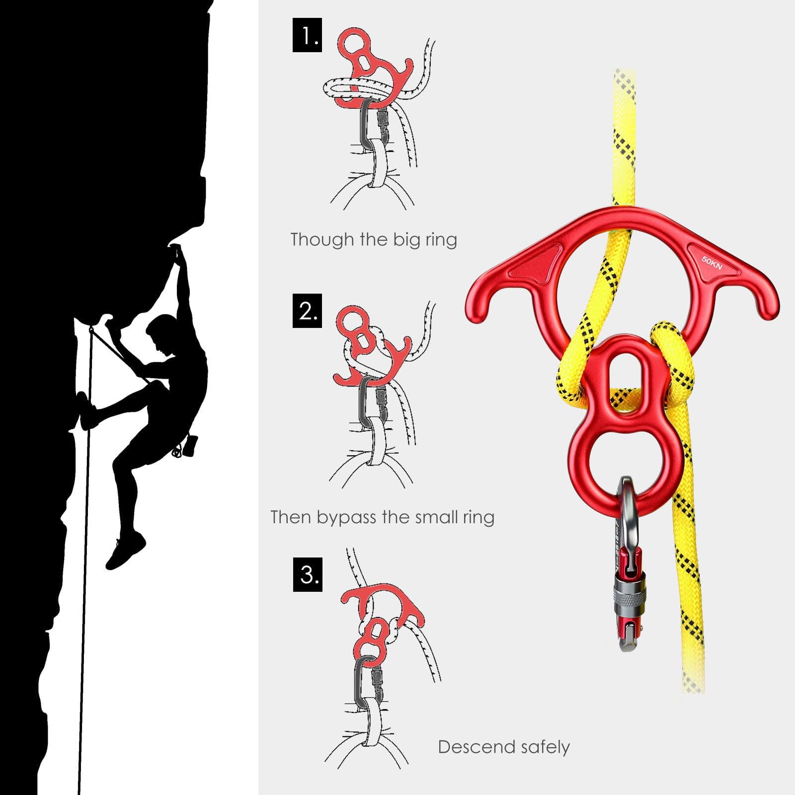 50 KN Rescue Figure 8 Descender Large Bent Ear Belaying and Rappelling Gear Belay Device Climbing for Rock Climbing Peak Rescue