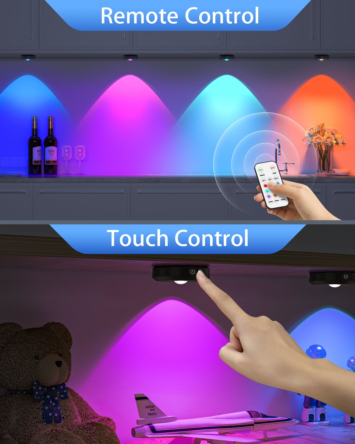 WILLED 6 Pack Rechargeable RGB Puck Lights with Remote Control, 1200mAh Battery Operated Tap Lights, Dimmable Touch Under Cabinet Lighting, Wireless Push Lights, LED USB Shelf Light
