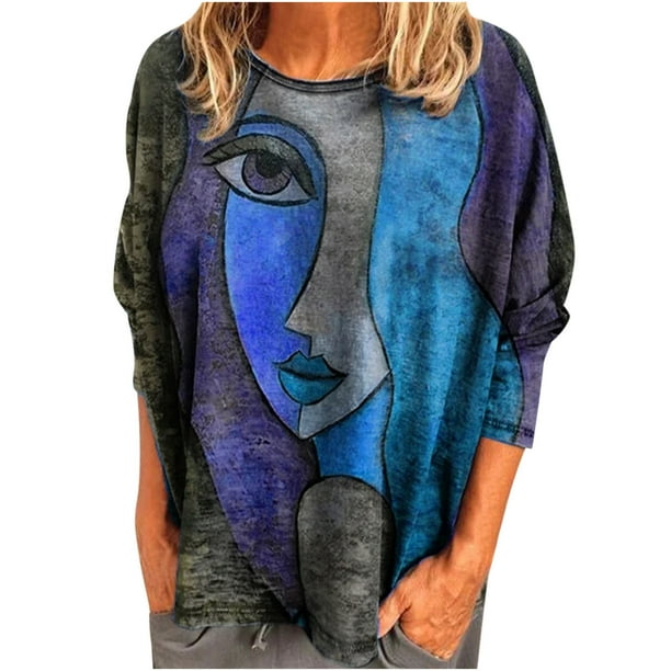 Camiseta holgada de manga larga con cuello redondo y estampado abstracto de cara informal a la moda para mujer Fridja czfsfas362