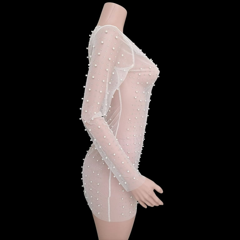 JGGSPWM Womens Pearl Rhinestone Cover Up Sheer Mesh See Through