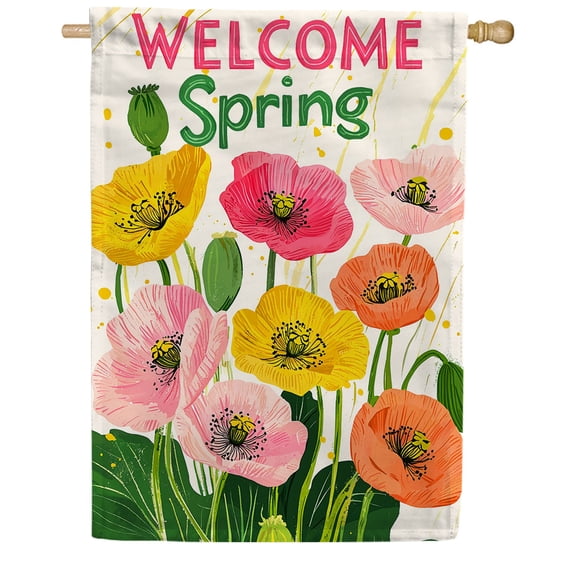 America Forever Welcome Spring Poppy House Flag, 28 x 40 inch Double Sided, Colorful Flowers Yellow Pink Orange, Poppies Banner
