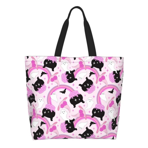 Fotbe Pink Girl Halloween Bolsa Tote Estética de Lona con Estampado para Mujer - Bolsa Reutilizable de Hombro Casual para Vacaciones, Compras, Trabajo y Gimnasio