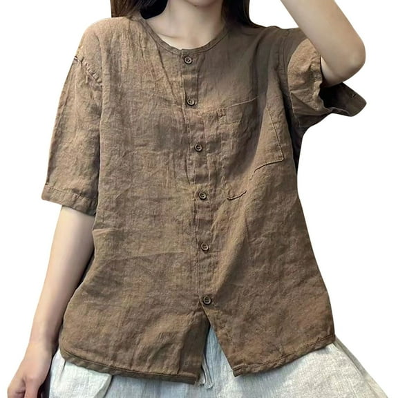 MIXUE Womens Summer Tops Linen Solid Color Round Neck Short Sleeve Vintage Loose Fit Cardigan Tshirts Outwear,Brown,L
