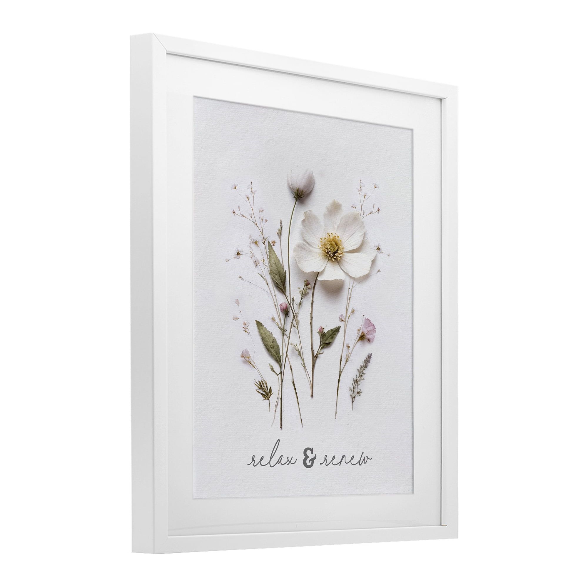 Pressed Flower Relax & Renew White Framed Print Under Glass, design by Lettered and Lined