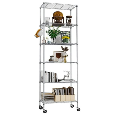 6 Tier Wire Shelving Unit on Wheels, Storage Shelves for Garage Kitchen Living Room, Heavy Duty Shelving Rack, 21.26 x 11.42 x 72.05 inch (L x W x H)
