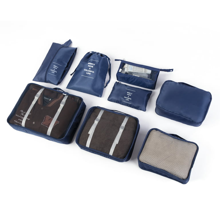 Set of 8 Travel Storage Bags, Multi-functional Luggage Organizer Bags,  Portable Trave Pouch, Clothing Sorting Packaging Cubes, Dark Blue