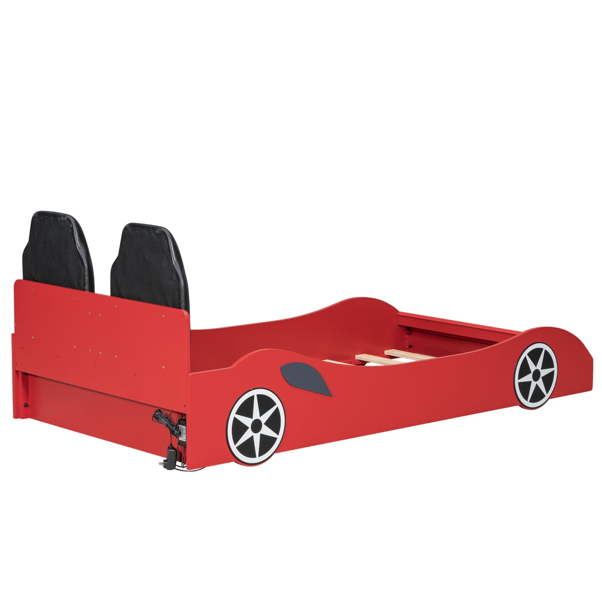 Wood Twin Size Race Car-Shaped Platform Bed with LED and Upholstered Backrest, Red