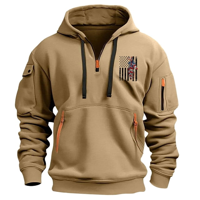 Styesk Sweatshirts for Men Men's Spring And Fall Printed Hooded Sweatshirt Zipper Multi-Pocket Pullover Sweatshirt