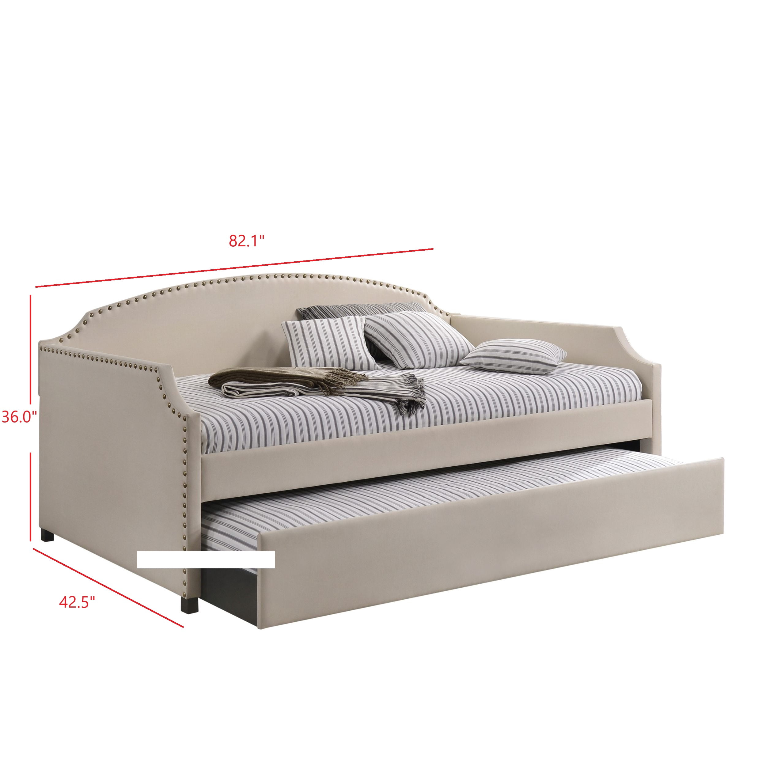 Home Design Yamna Twin Daybed with Linen Upholstery, Pull-Out Trundle, and Nailhead Trim, Stylish and Comfortable Design for Bedroom, Beige