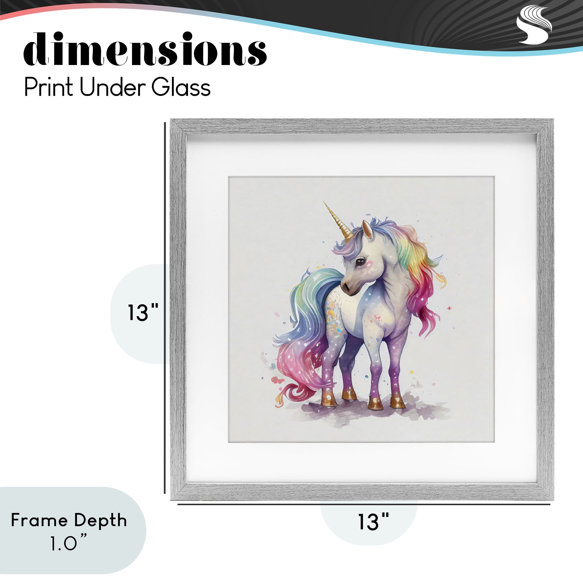 Stupell Industries Watercolor Unicorn & Rainbow Mane Gray Framed Print Under Glass, design by Creative Studio