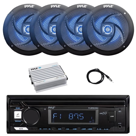 Pyle PLMRB29B2 Single DIN Marine Bluetooth MP3 Player Stereo Receiver 4x 4 100 Watt Max 2-Way Low Profile Blue Flashing LED Boat Audio Speakers Bluetooth Amplifier Antenna