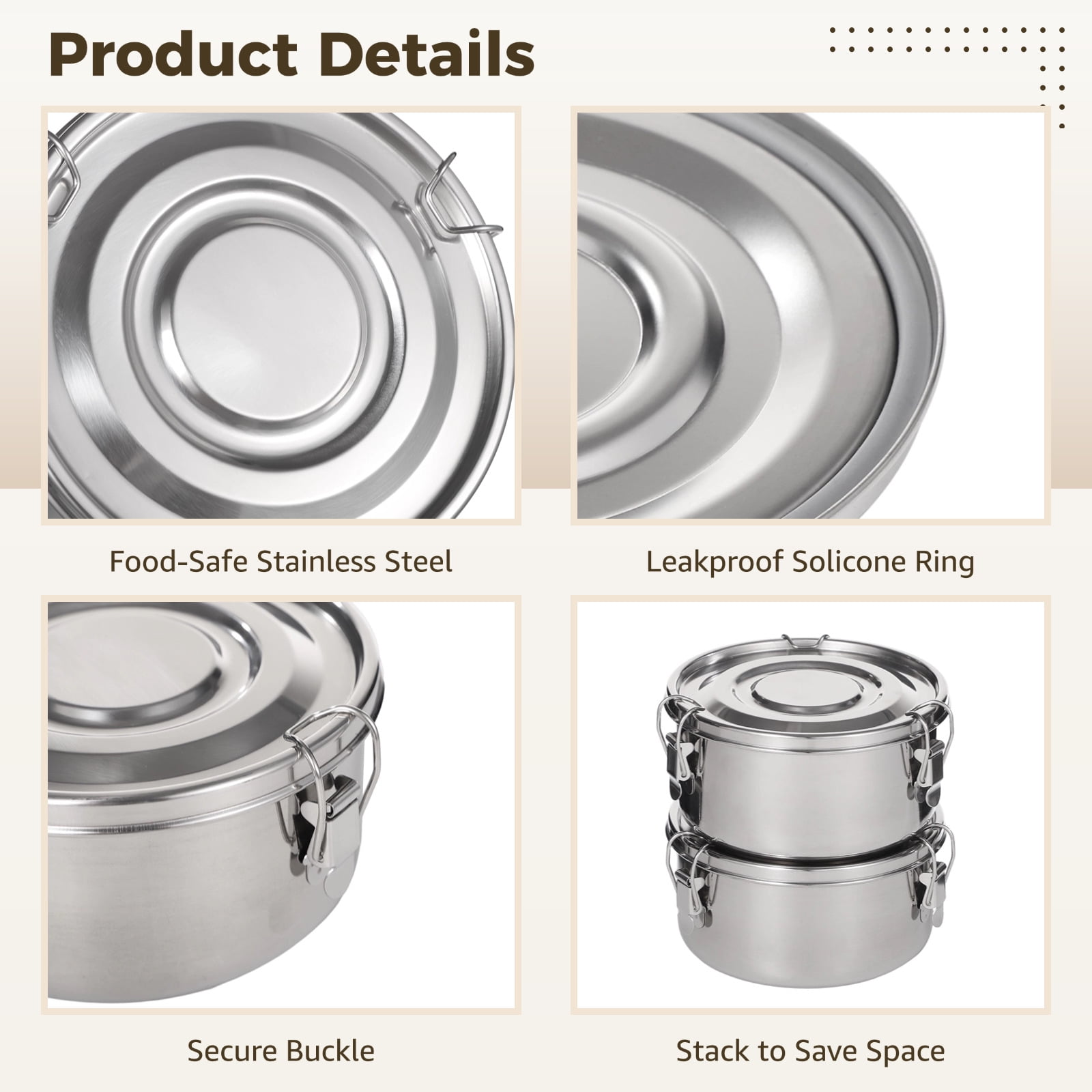 4 PCS Stainless Steel Bento Boxes, 22 oz Reusable Food Storage Containers with Leakproof Silicone Ring & Locking Clips, Dishwasher Safe, Stackable Meal Prep Boxes for Fridge, Office, School, Picnic