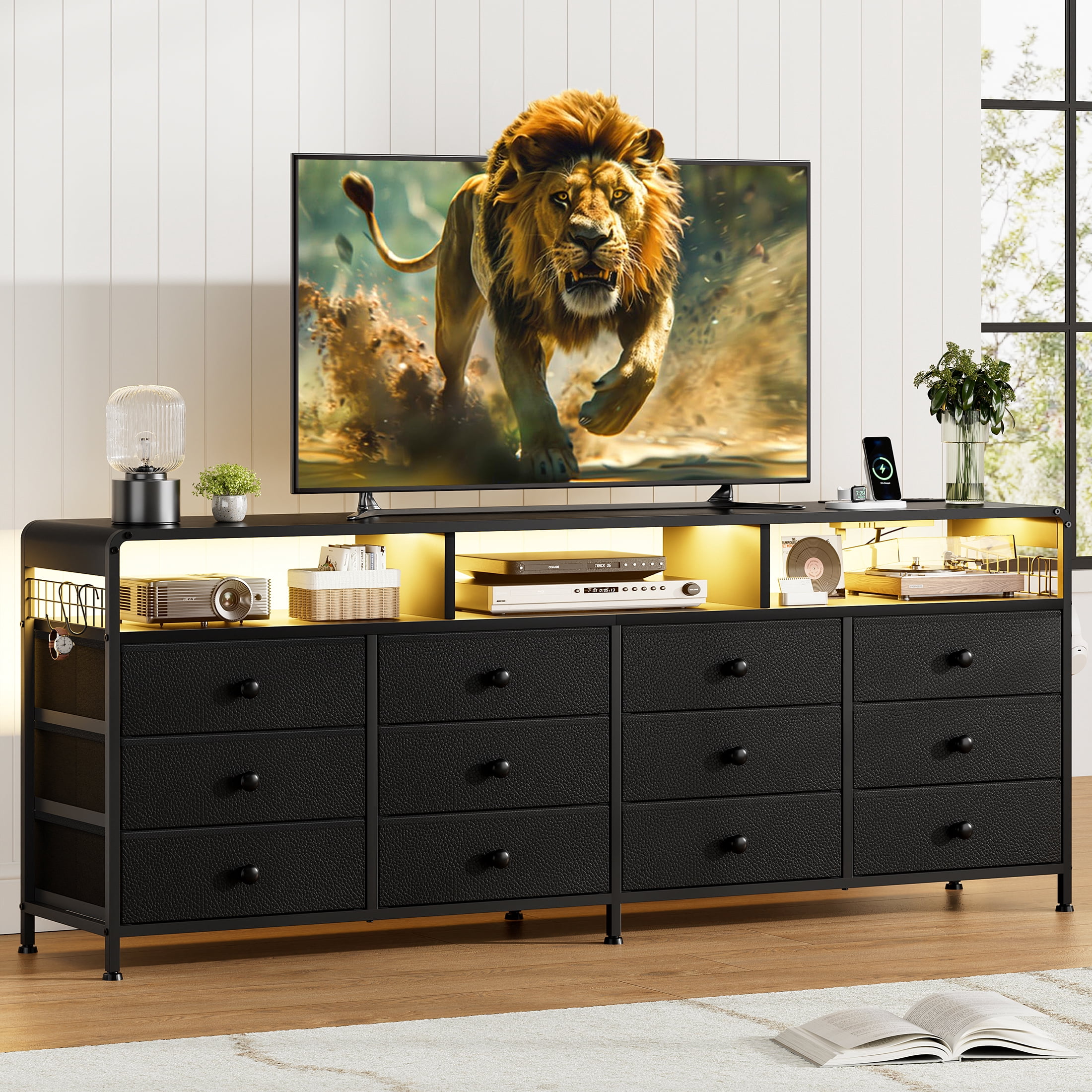 GUNAITO TV Stand for TVs up to 75", Big TV Stand with 12 Fabric Drawers and LED Lights, Entertainment Center with Storage and Shelves for Living Room, Black