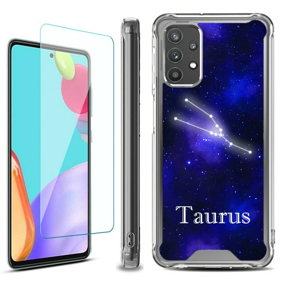 Shockproof Bumper Phone Case for Samsung Galaxy A53 5G, with Tempered Glass Screen Protector, by OneToughShield ® - Zodiac / Taurus