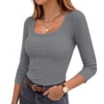 thumbnail image 3 of Otntypg Womens 3/4 Sleeve Scoop Neck Tops Ribbed Knit Slim Fitted Casual Basic Athletic Tee Shirts Fall Trendy Solid Color Going Out T-Shirt, 3 of 8