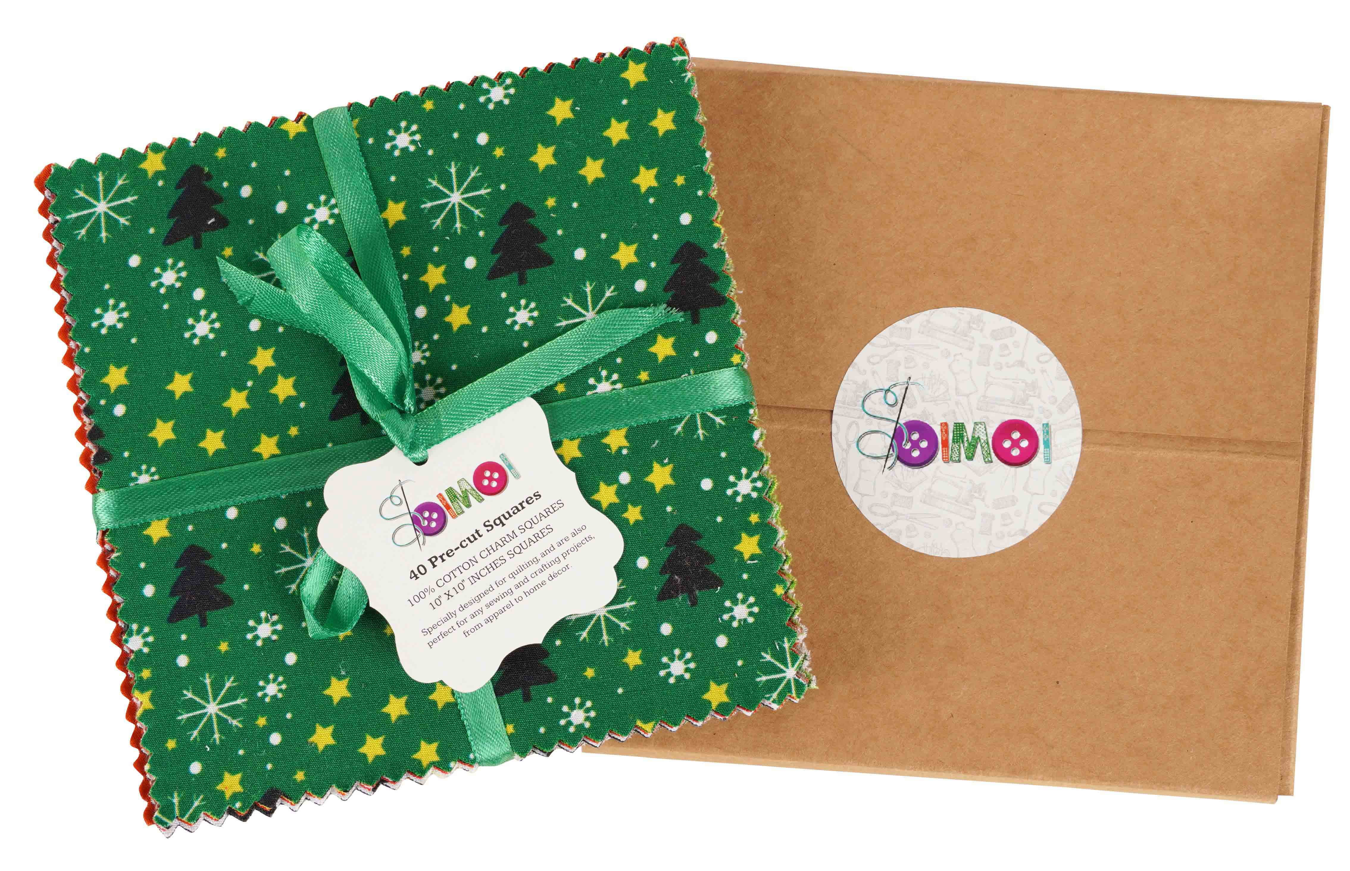 Soimoi Christmas Theme Print Precut 10-inch Cotton Fabric Quilting Squares Charm Pack DIY Patchwork Sewing Craft