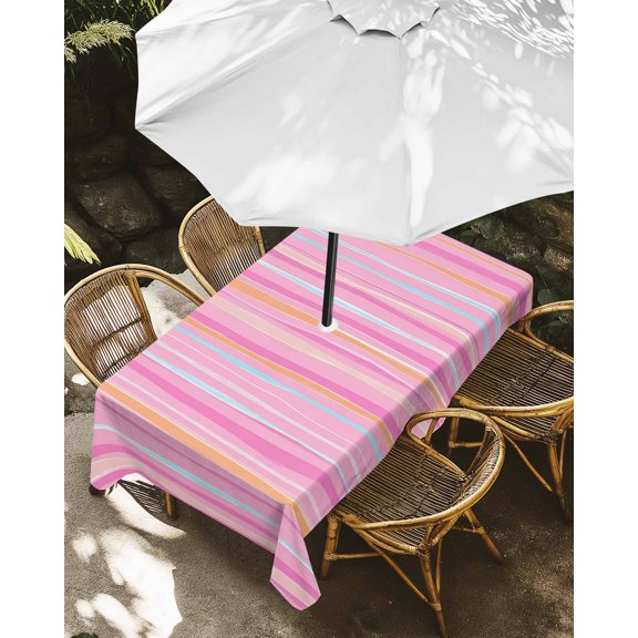 Outdoor Tablecloth with Umbrella Hole, Abstract Watercolor Lines Zippered Table Cloth for Rectangle Tables, Modern Pink Stripes Washable Waterproof Tablecloths for Picnic Patio Garden